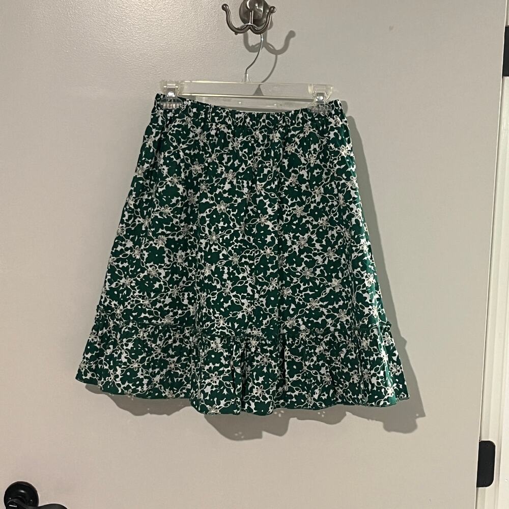 Cottagecore Boho Green Floral Embroidered Midi Skirt Tiered Elastic Waist M